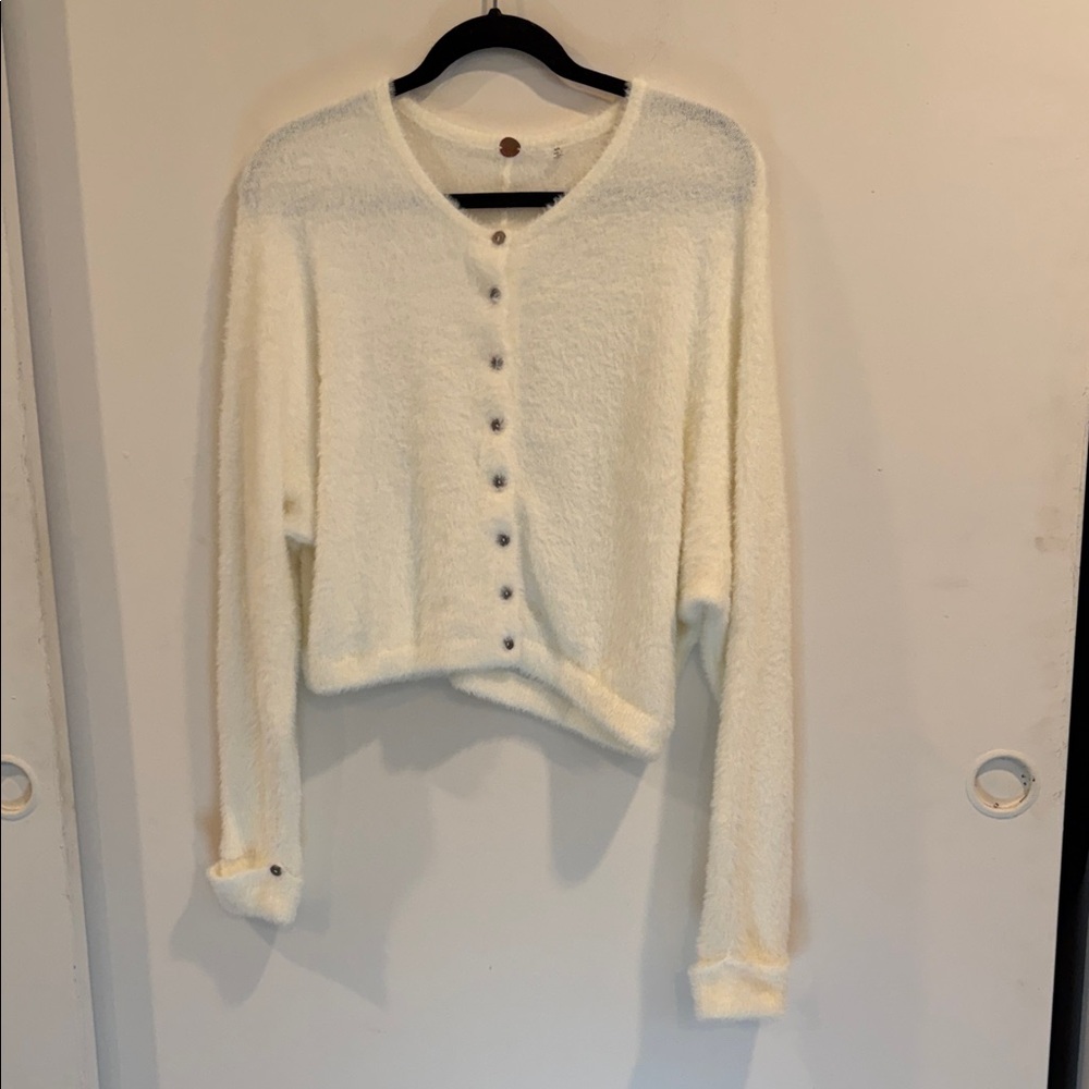 Free People Cream V-Neck Button-Up Sweater